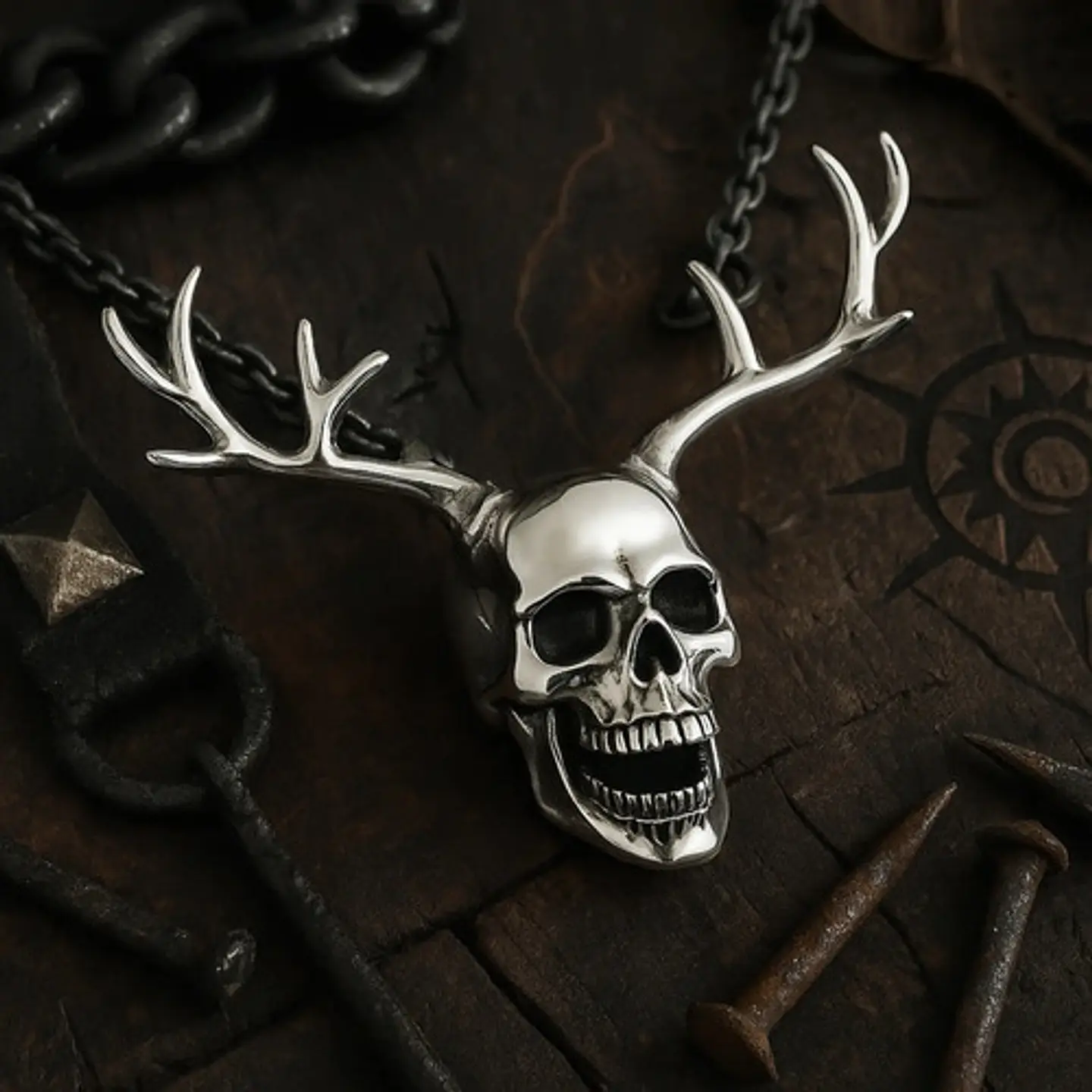 Collar Hombre Mujer Dije Cráneo Calavera Astas Gótico Acero Gris Oscuro 5