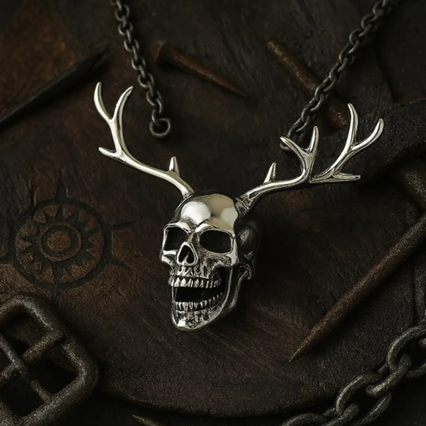 Collar Hombre Mujer Dije Cráneo Calavera Astas Gótico Acero Gris Oscuro 6