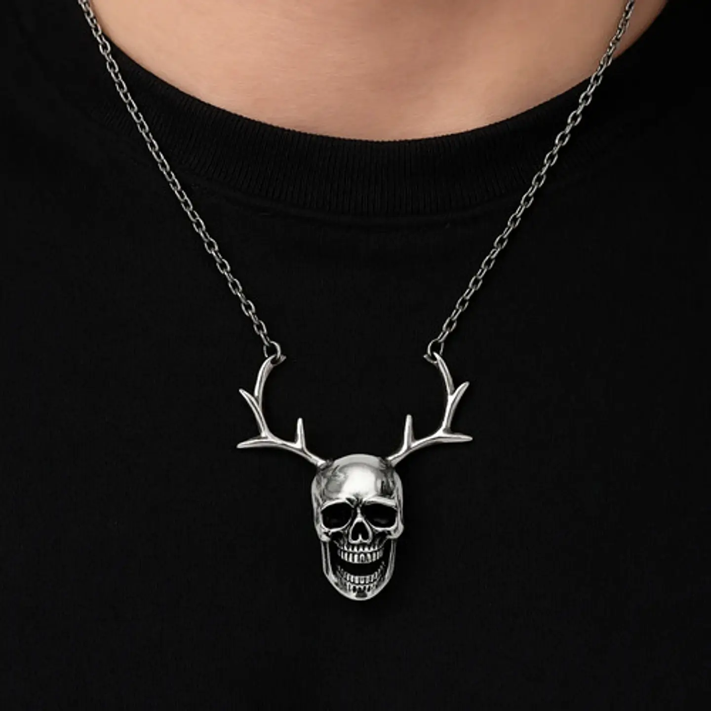 Collar Hombre Mujer Dije Cráneo Calavera Astas Gótico Acero Gris Oscuro 8