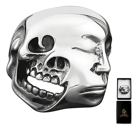 Anillo Doble Cara Craneo Calavera Acero Color Plata Hombre