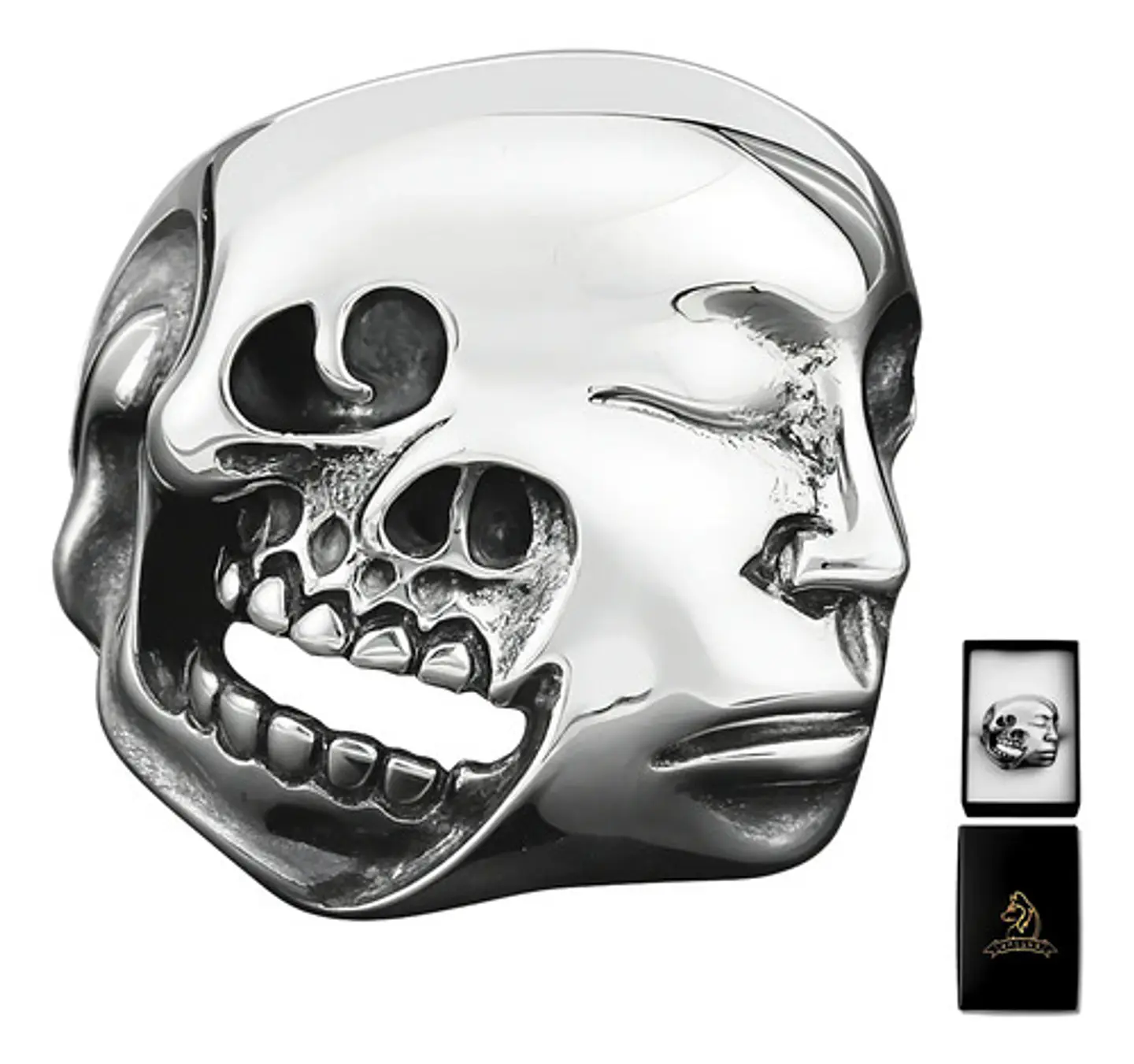 Anillo Doble Cara Craneo Calavera Acero Color Plata Hombre 1