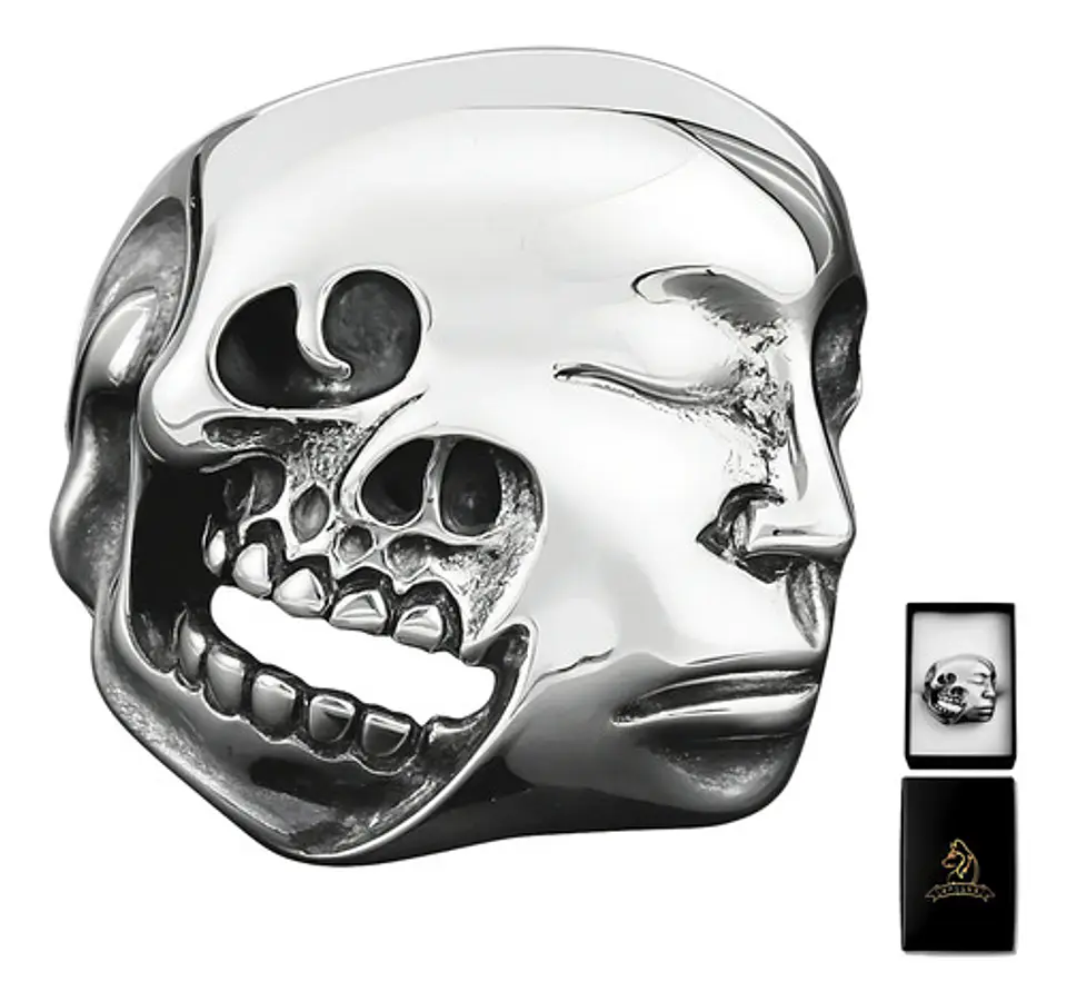 Anillo Doble Cara Craneo Calavera Acero Color Plata Hombre 1