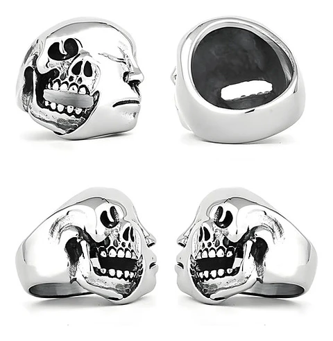 Anillo Doble Cara Craneo Calavera Acero Color Plata Hombre