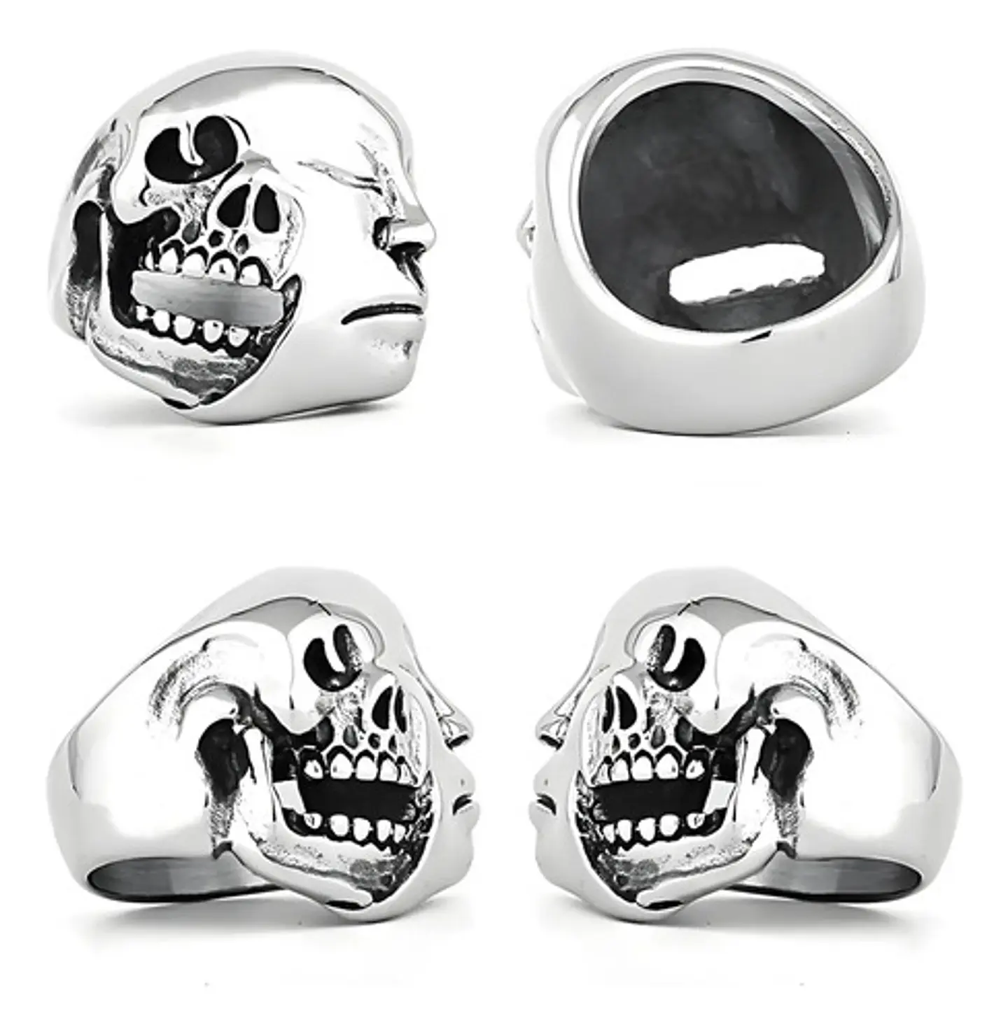 Anillo Doble Cara Craneo Calavera Acero Color Plata Hombre 2
