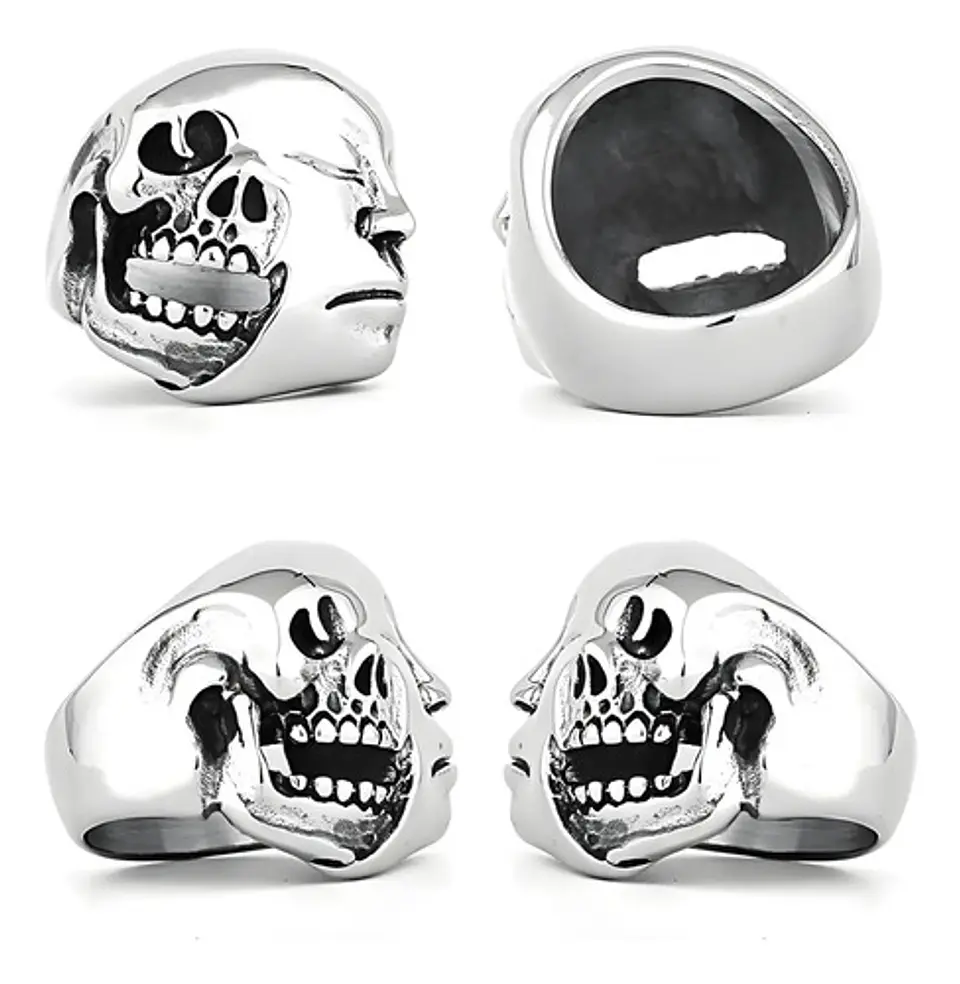 Anillo Doble Cara Craneo Calavera Acero Color Plata Hombre 2