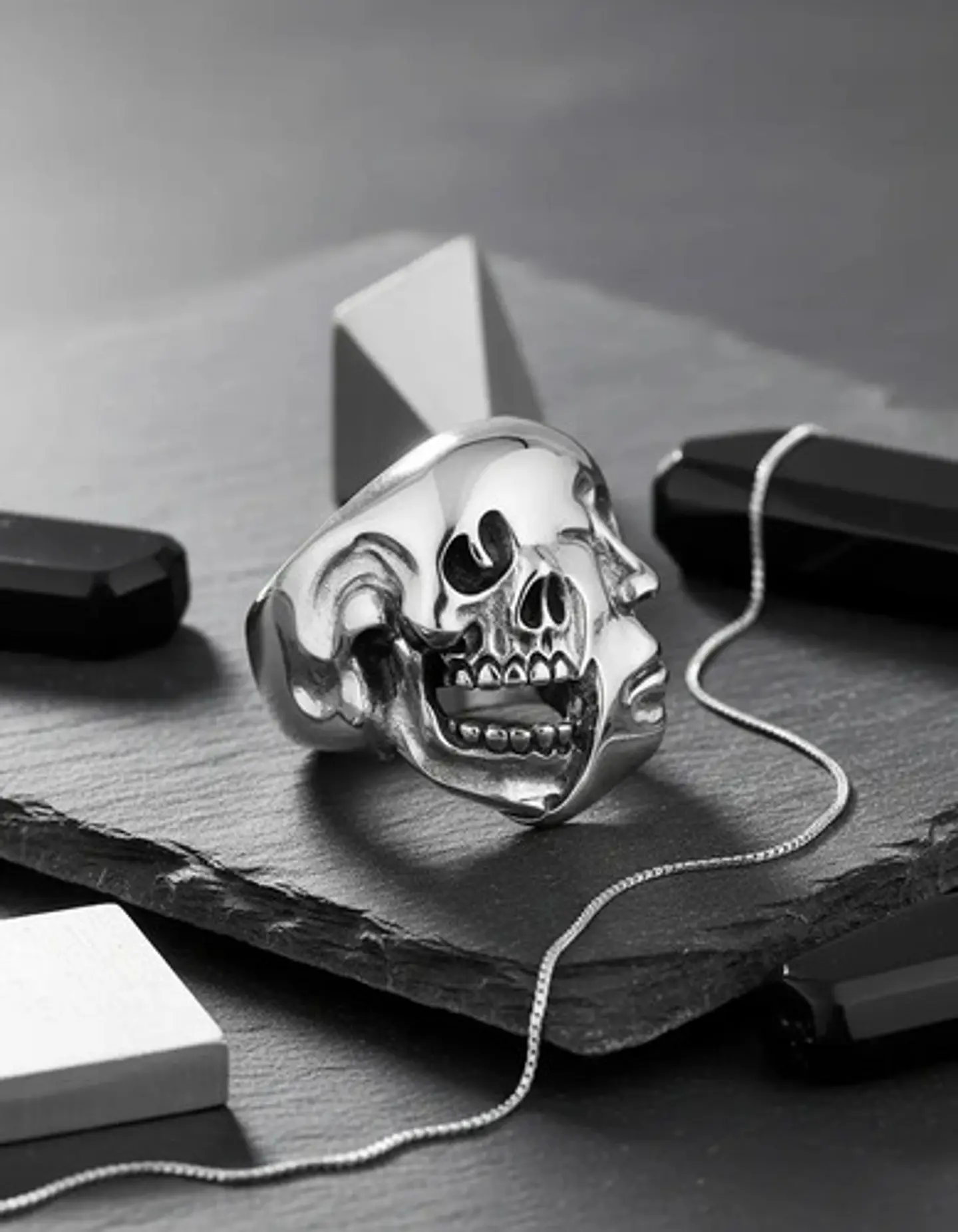 Anillo Doble Cara Craneo Calavera Acero Color Plata Hombre 4