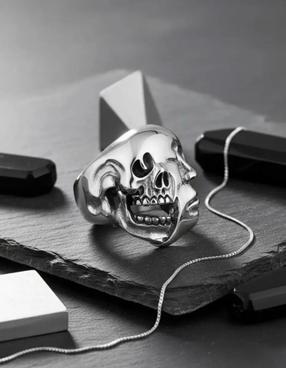 Anillo Doble Cara Craneo Calavera Acero Color Plata Hombre 4