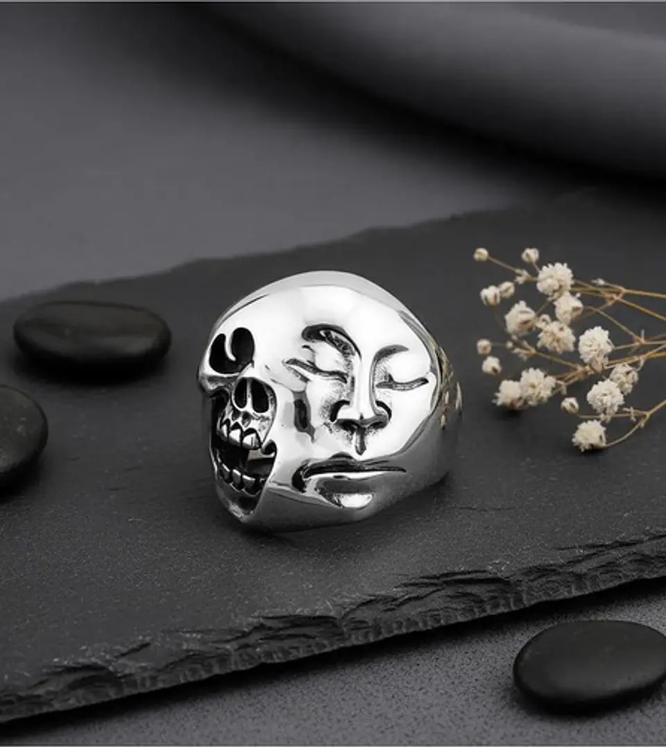 Anillo Doble Cara Craneo Calavera Acero Color Plata Hombre 7