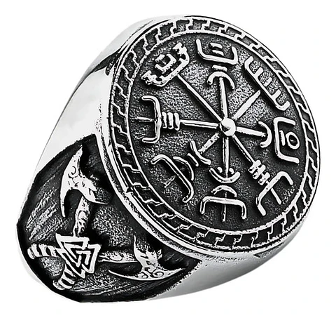 Anillo Brujula Vikingo Vegvísir Axe Acero Color Plata Hombre