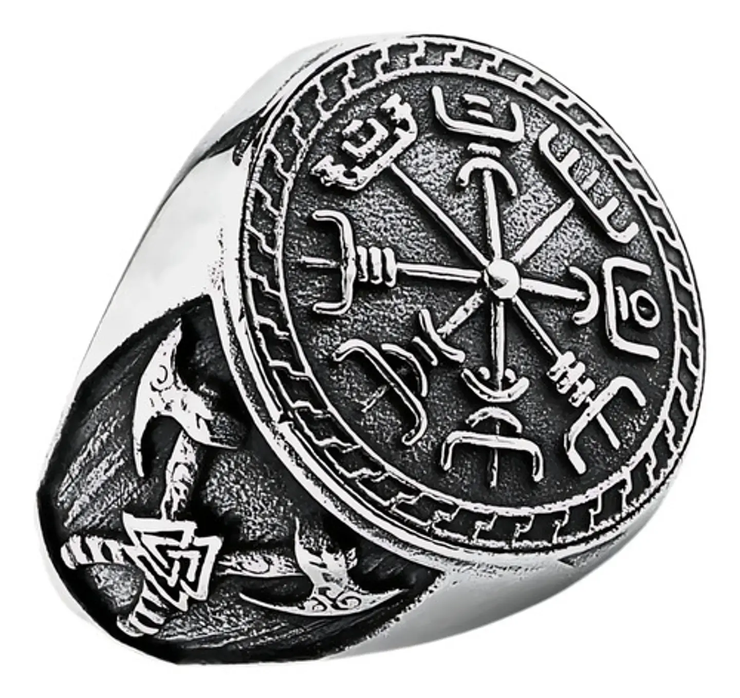 Anillo Brujula Vikingo Vegvísir Axe Acero Color Plata Hombre 1