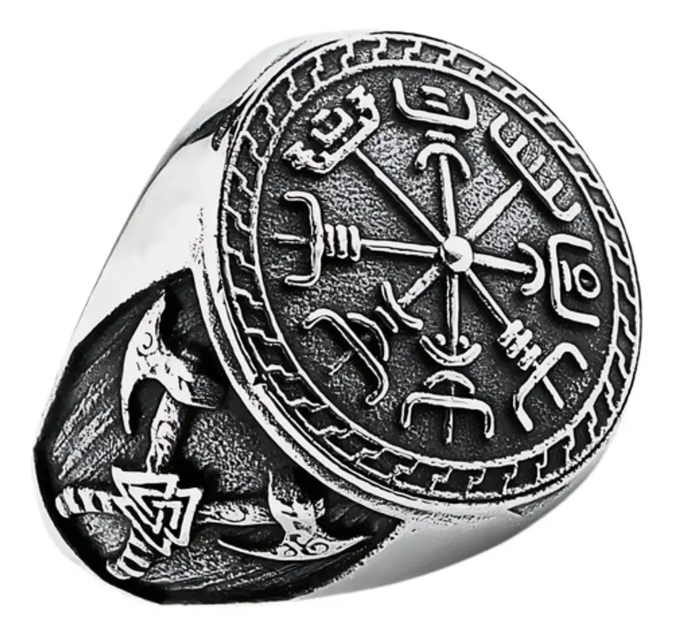 Anillo Brujula Vikingo Vegvísir Axe Acero Color Plata Hombre 1