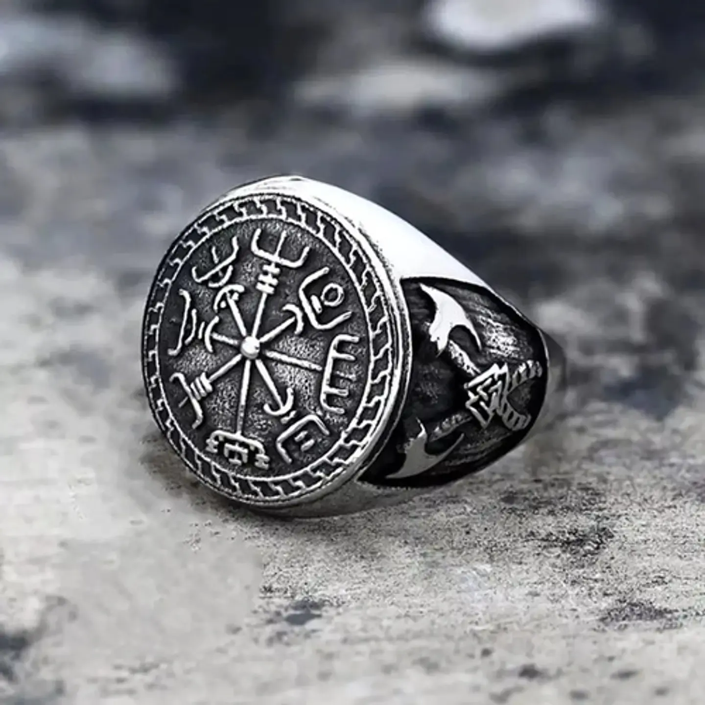 Anillo Brujula Vikingo Vegvísir Axe Acero Color Plata Hombre 6