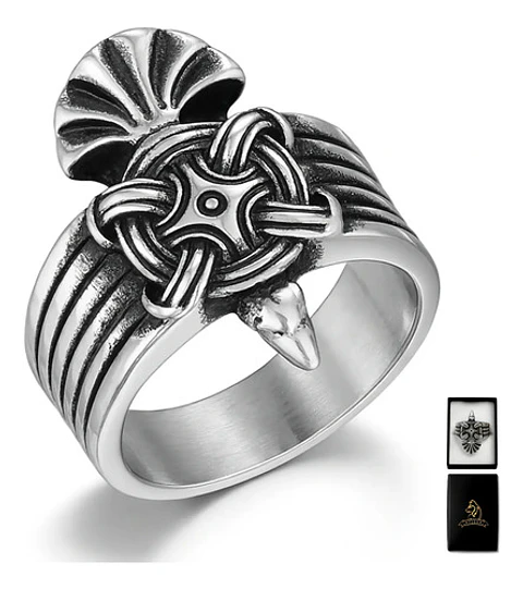 Anillo Hombre Vikingo Nudo Cuervo Amuleto Acero Color Plata