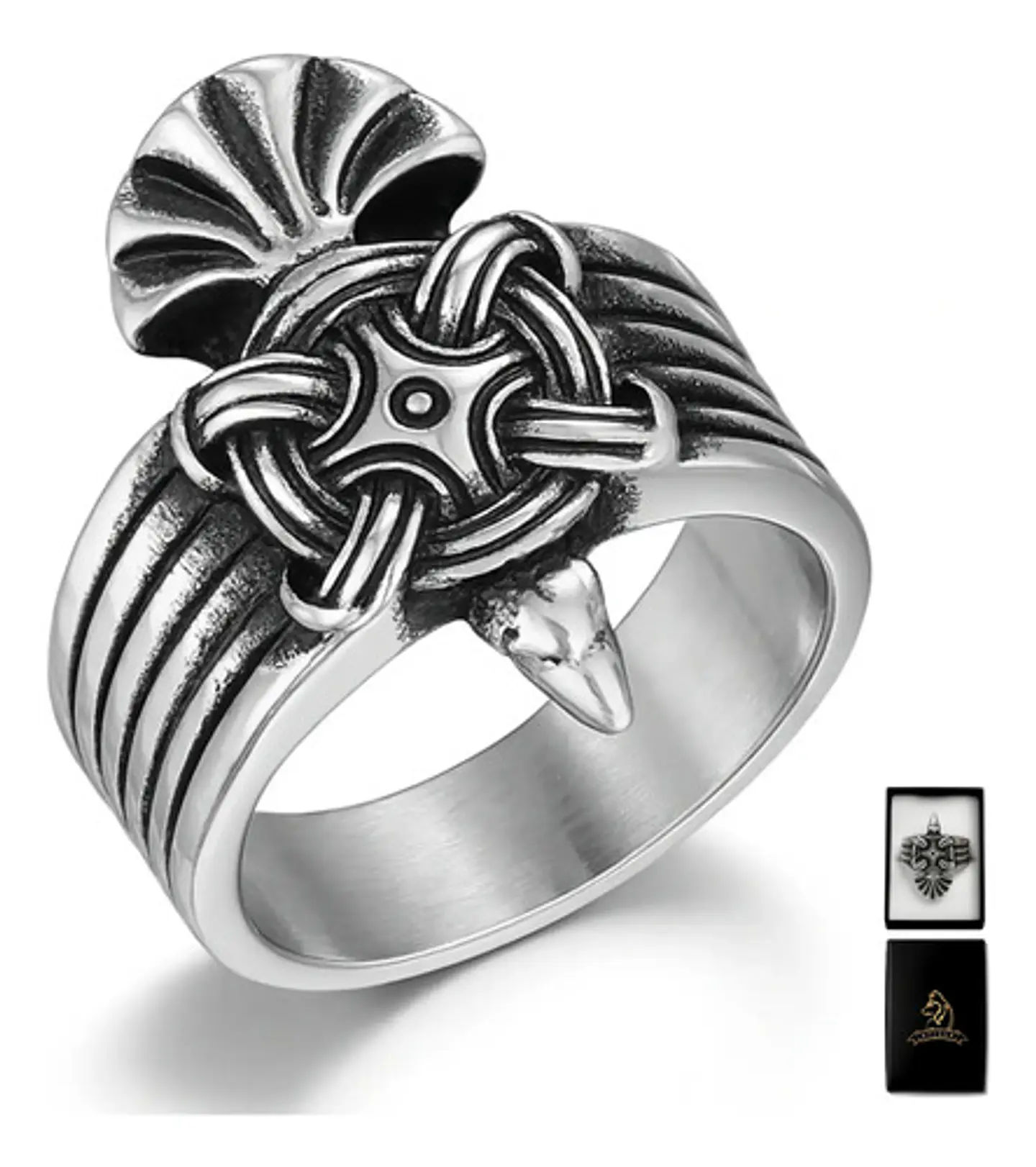 Anillo Hombre Vikingo Nudo Cuervo Amuleto Acero Color Plata 1