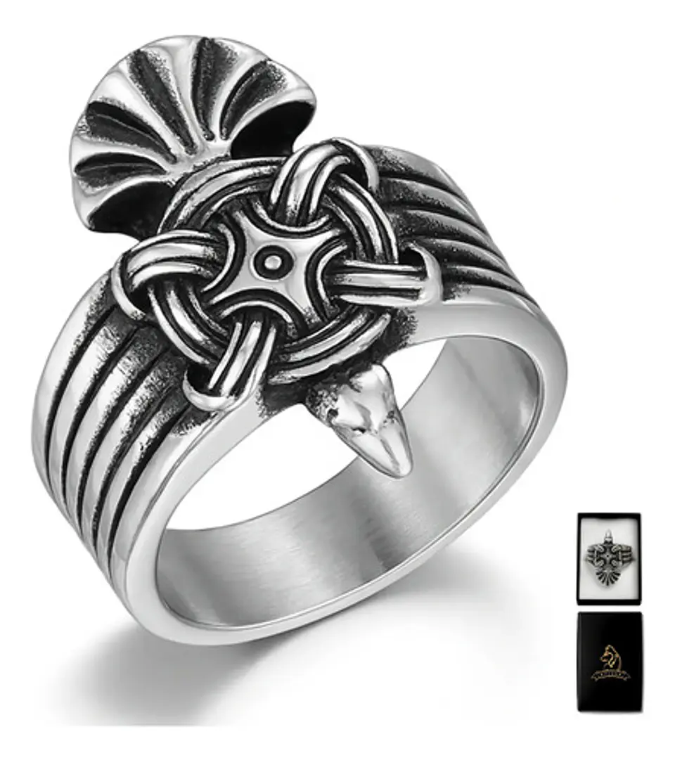Anillo Hombre Vikingo Nudo Cuervo Amuleto Acero Color Plata 1