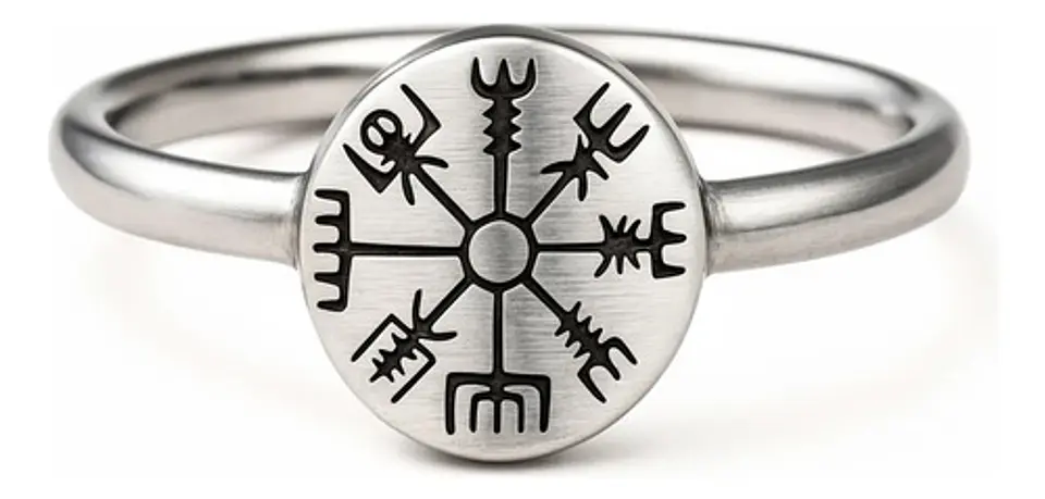 Anillo De Acero Vikingo Brujula Vegvísir Color Plata Mujer 1