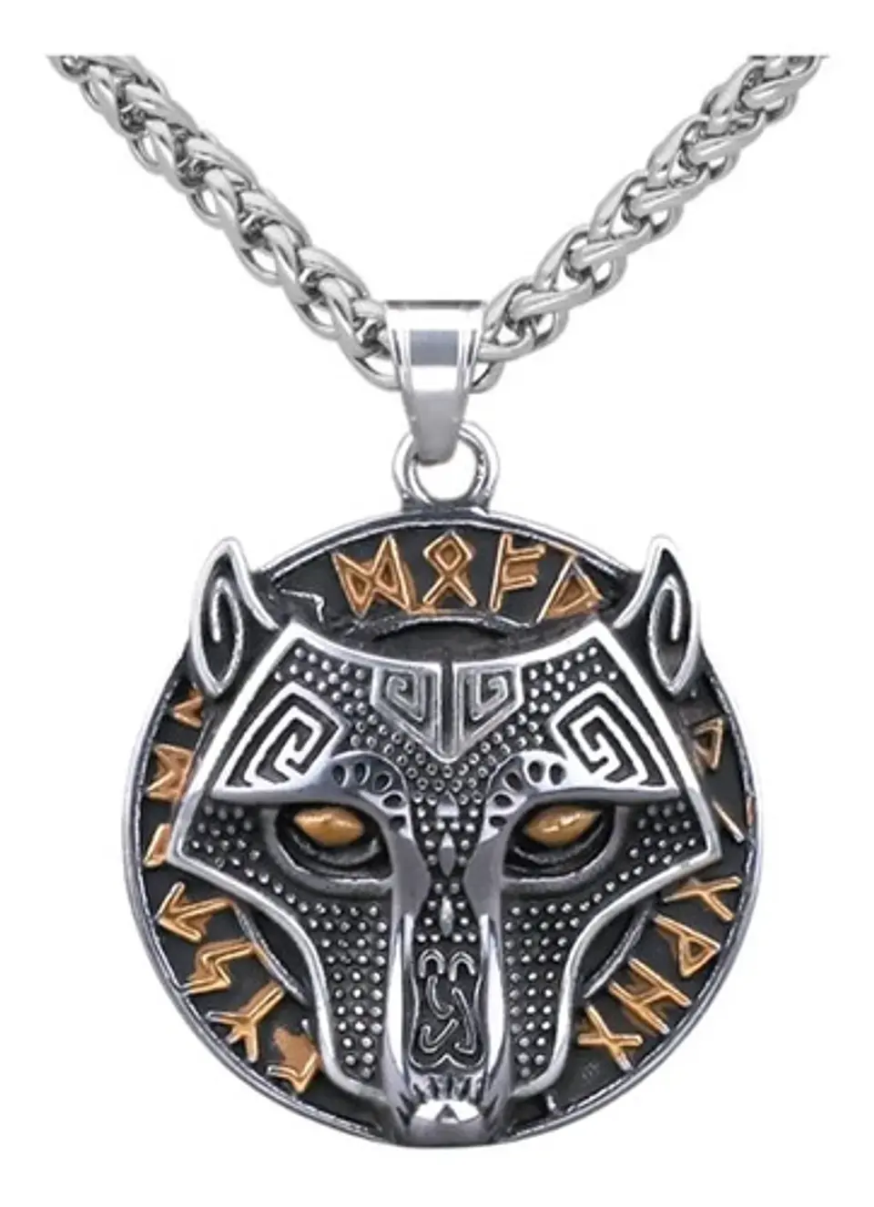 Collar Cabeza Lobo Nordico Runas Vikingo Color Plata Hombre Plateado 1