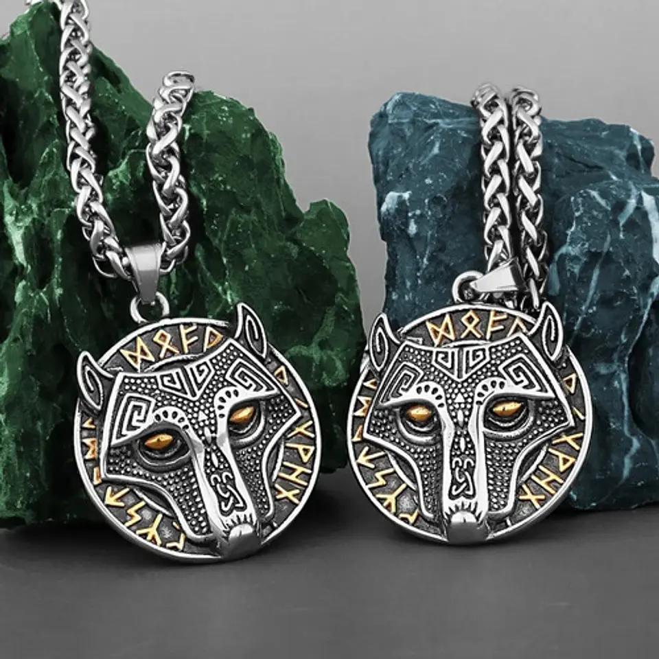 Collar Cabeza Lobo Nordico Runas Vikingo Color Plata Hombre Plateado 5