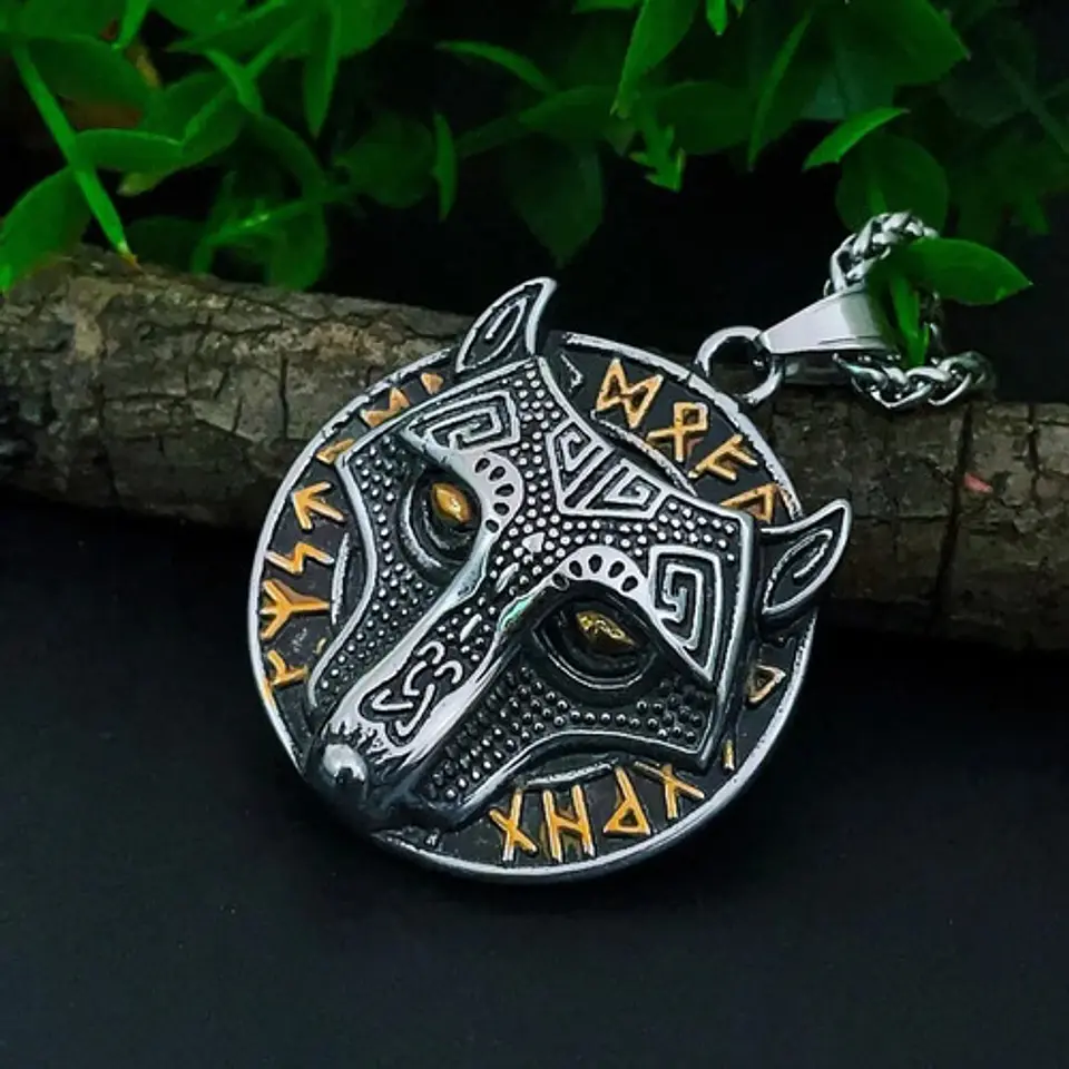 Collar Cabeza Lobo Nordico Runas Vikingo Color Plata Hombre Plateado 7