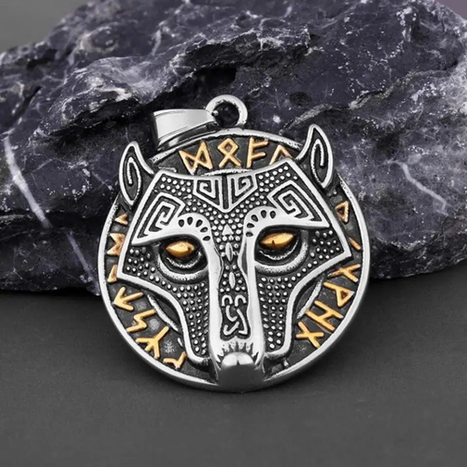 Collar Cabeza Lobo Nordico Runas Vikingo Color Plata Hombre Plateado 8