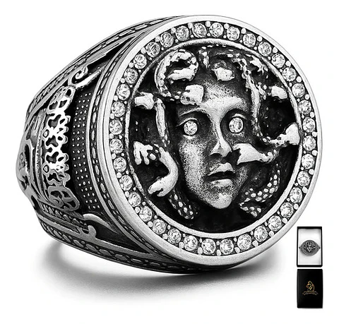 Anillo Medusa Mitología Griega Cz Acero Color Plata Hombre
