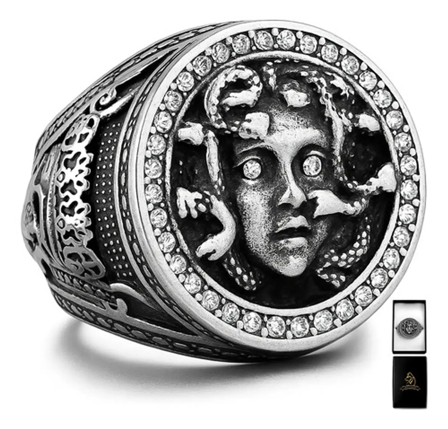 Anillo Medusa Mitología Griega Cz Acero Color Plata Hombre 1