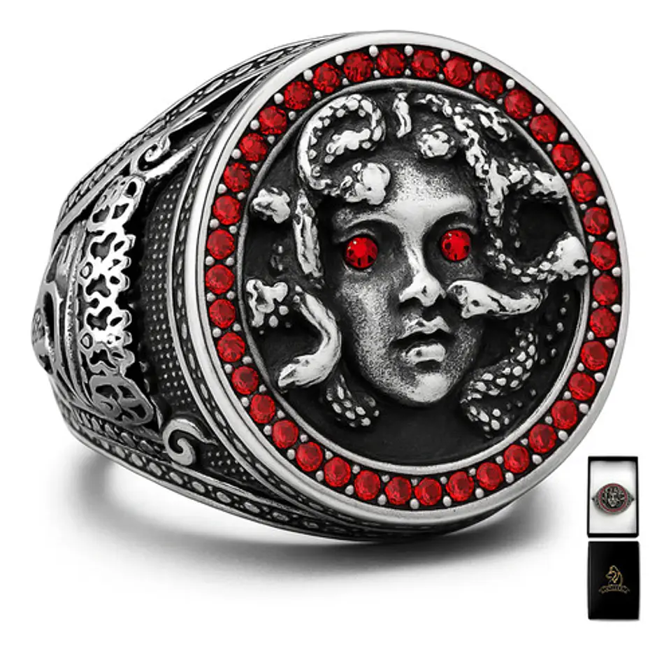 Anillo Medusa Mitología Griega Cz Acero Color Plata Hombre 10