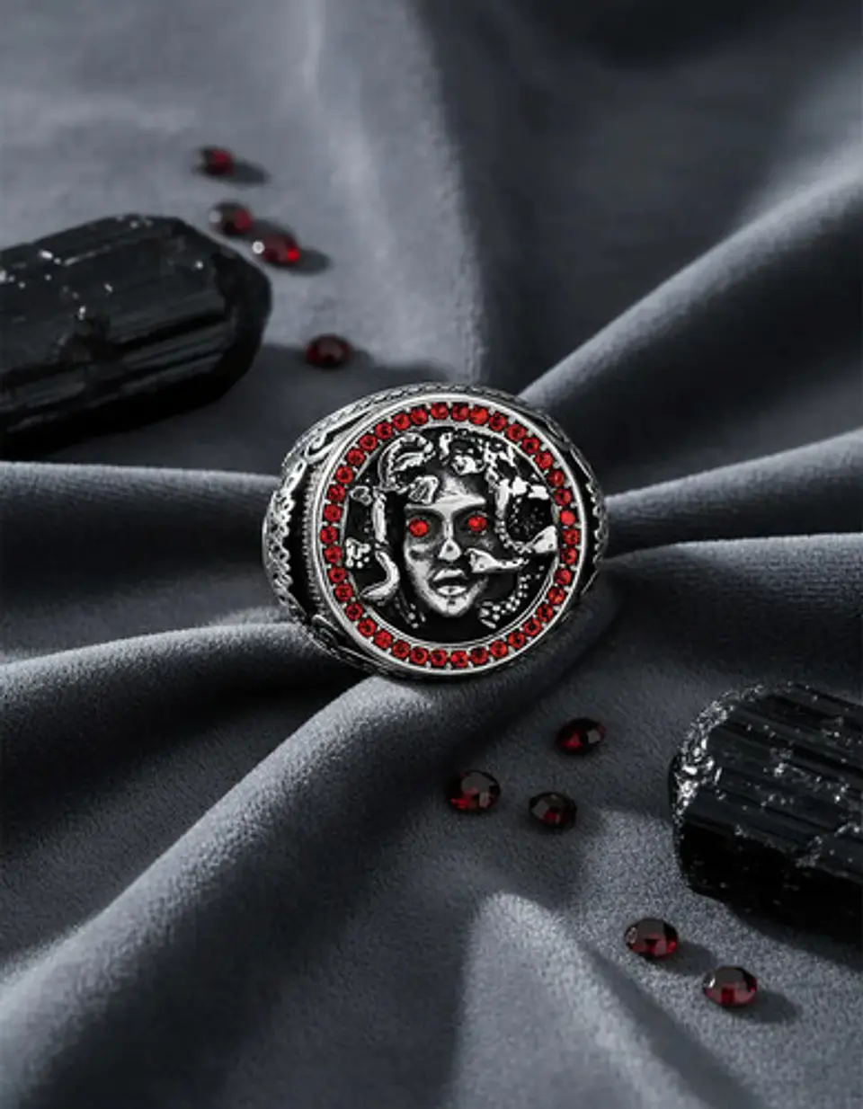 Anillo Medusa Mitología Griega Cz Acero Color Plata Hombre 14