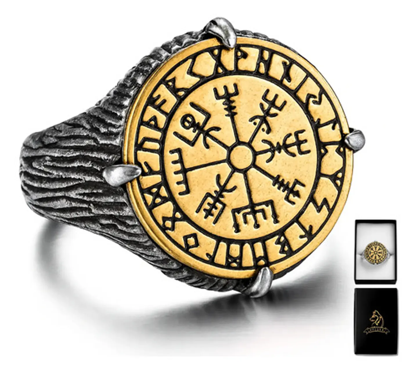 Anillo De Acero Vegvísir Rustico Vikingo Color Plata Hombre 1