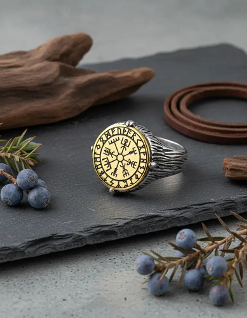 Anillo De Acero Vegvísir Rustico Vikingo Color Plata Hombre 6