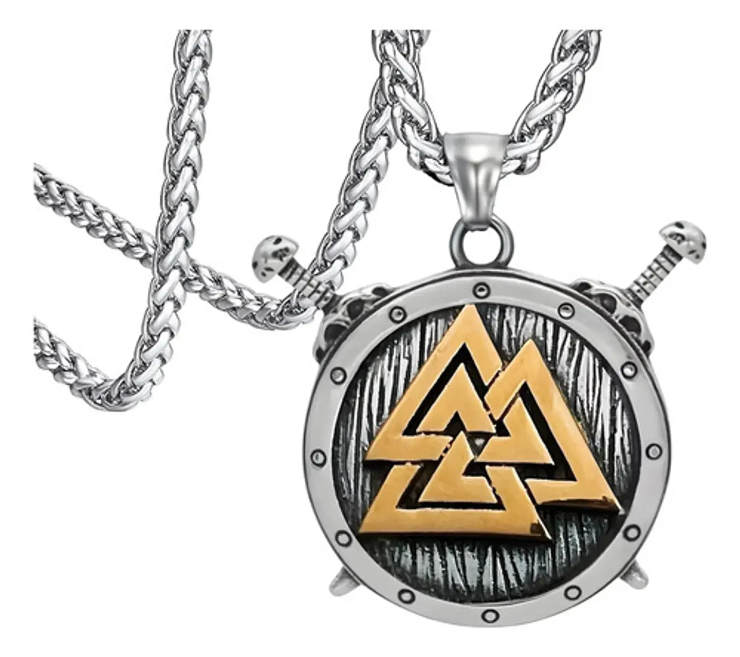 Collar Vikingo Escudo Valknut Acero Color Plata Para Hombre Dorado 1