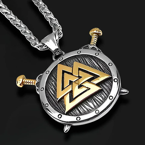 Collar Vikingo Escudo Valknut Acero Color Plata Para Hombre Dorado
