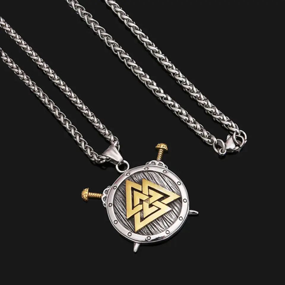 Collar Vikingo Escudo Valknut Acero Color Plata Para Hombre Dorado 4