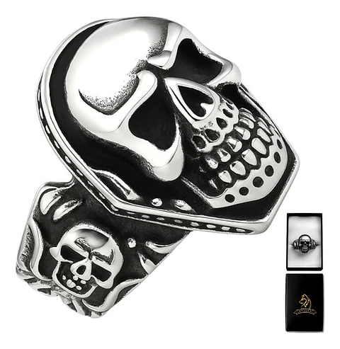 Anillo Hombre Calavera Cráneo Motociclista Acero Color Plata