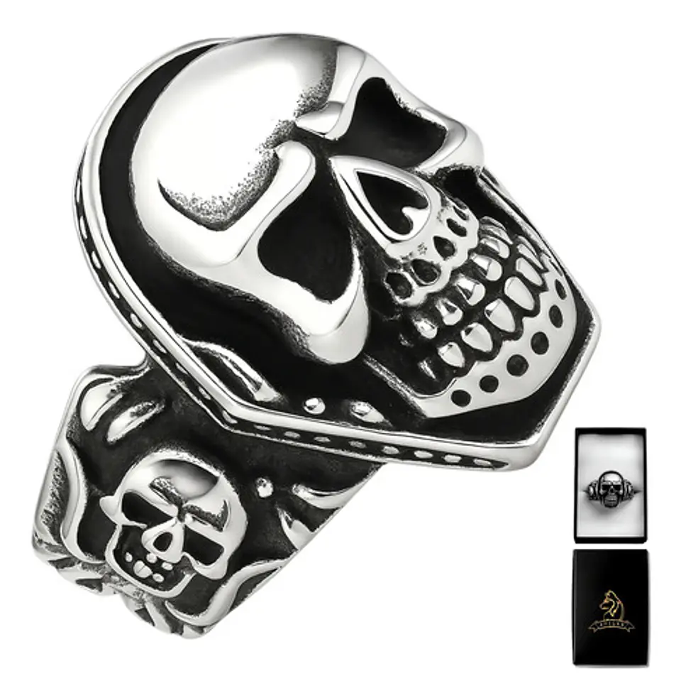 Anillo Hombre Calavera Cráneo Motociclista Acero Color Plata 1