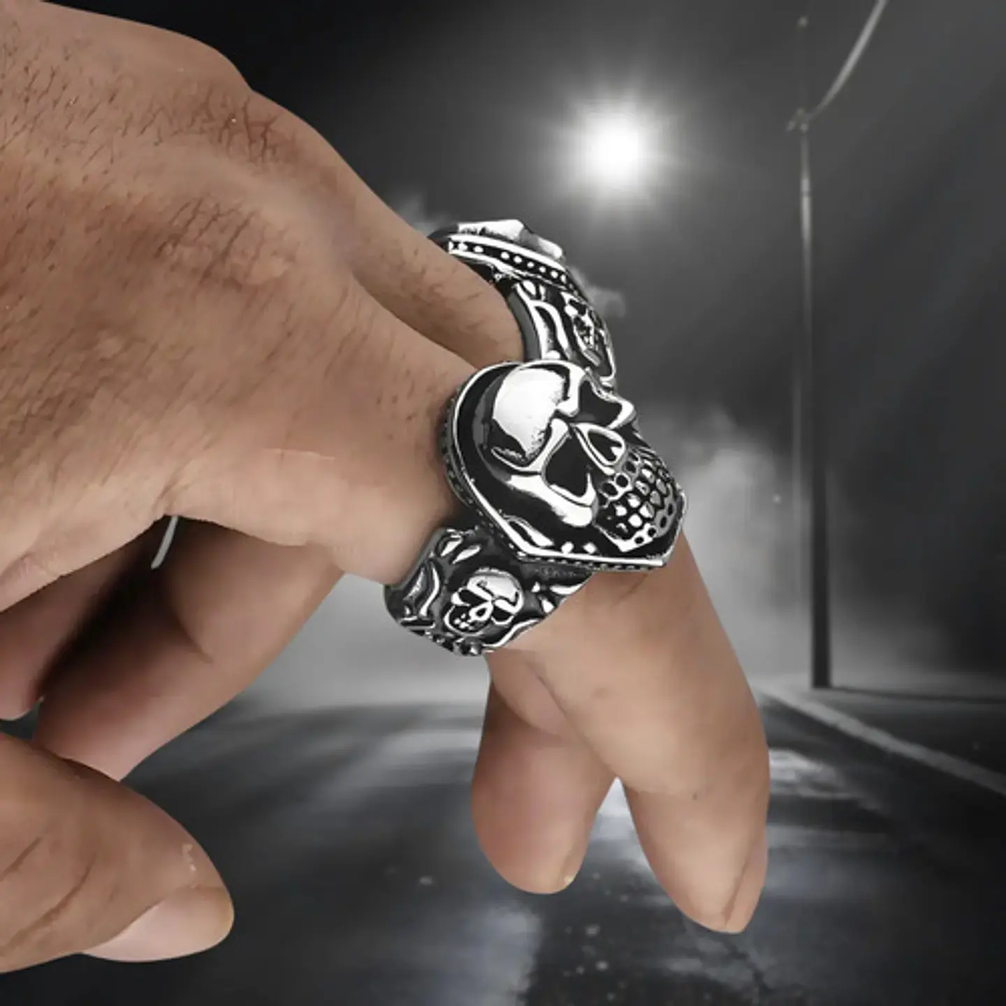 Anillo Hombre Calavera Cráneo Motociclista Acero Color Plata 8