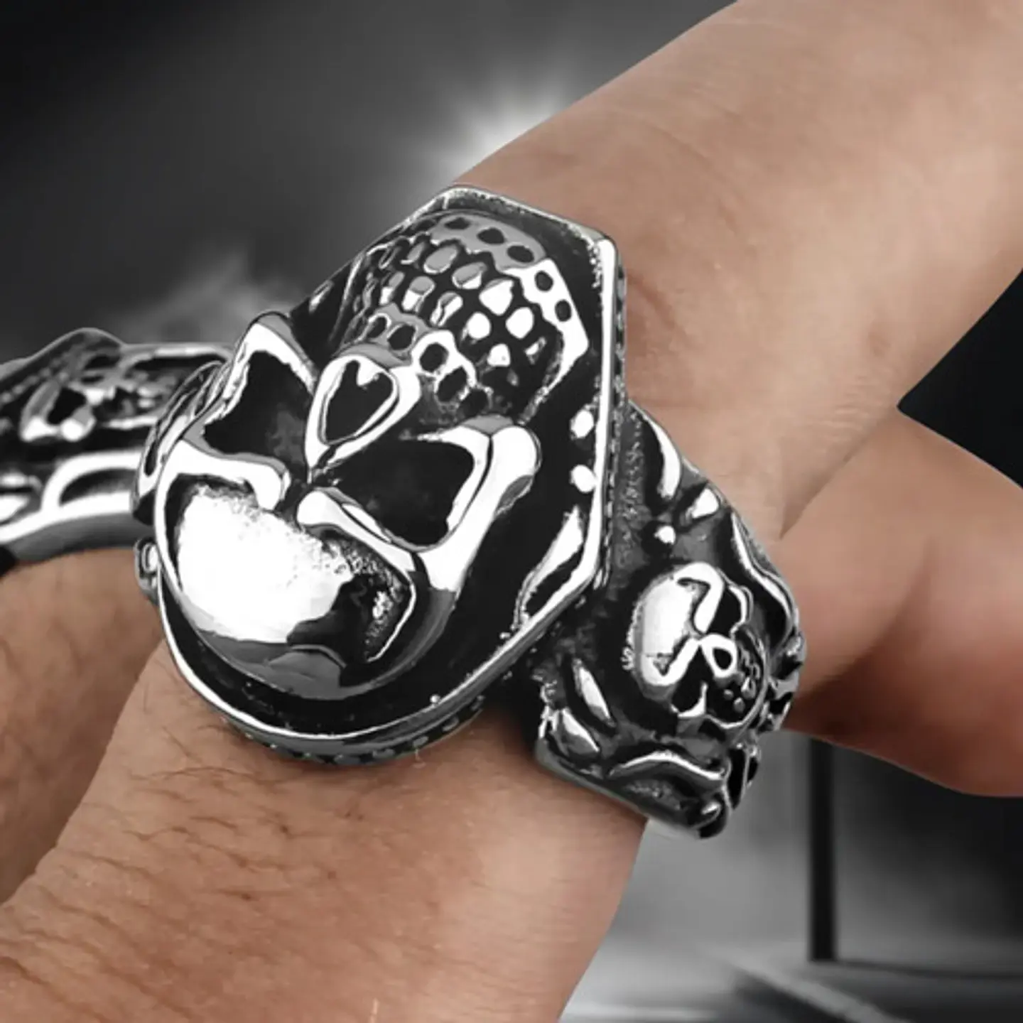Anillo Hombre Calavera Cráneo Motociclista Acero Color Plata 9