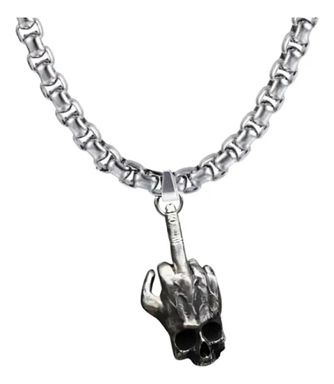Collar Dije Calavera Mano Cuernos Cráneo Acero Oscuro Hombre