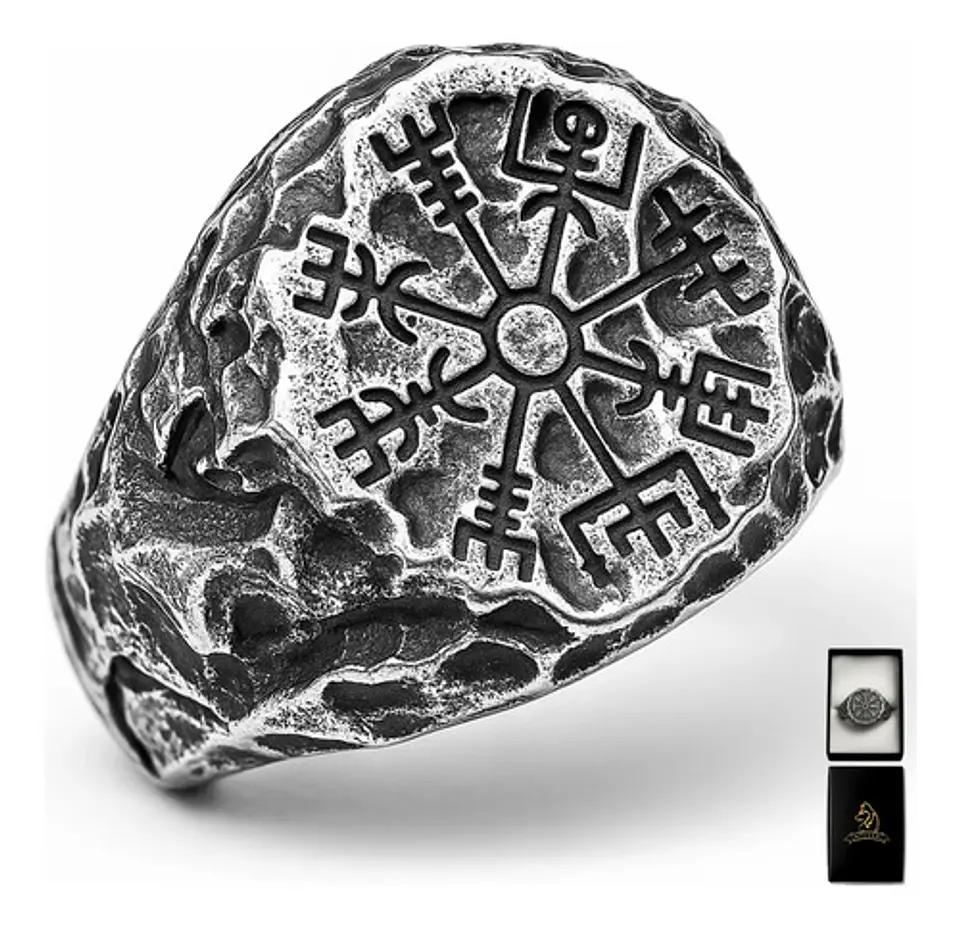 Anillo De Acero Vegvísir Brújula Vikingo Color Plata Hombre 1