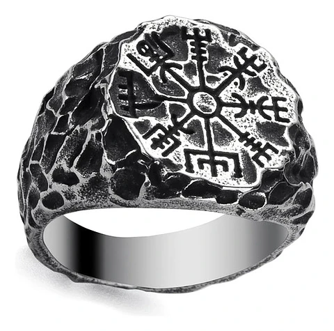Anillo De Acero Vegvísir Brújula Vikingo Color Plata Hombre