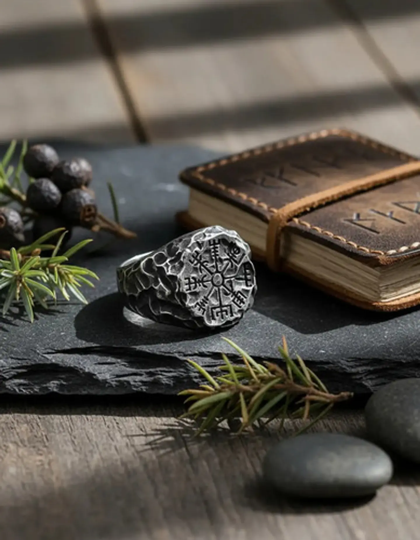 Anillo De Acero Vegvísir Brújula Vikingo Color Plata Hombre 8