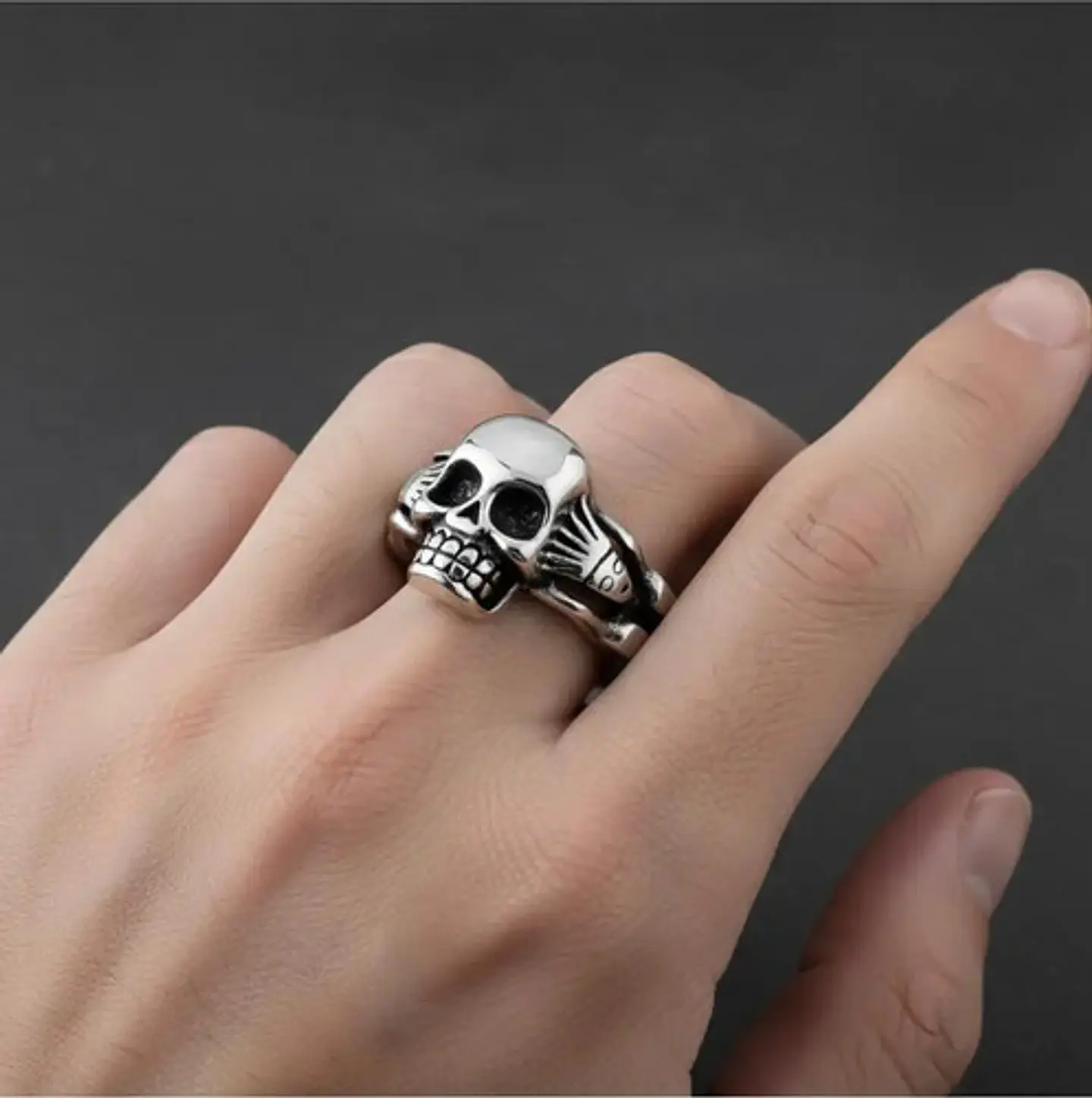 Anillo Gotico Cráneo Calavera Acero Color Plata Hombre Mujer 8