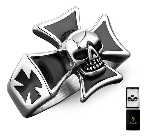 Anillo Calavera Cráneo Cruz Biker Acero Color Plata Hombre