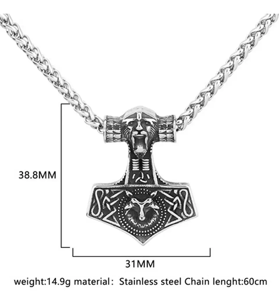 Collar Dije Thor Lobo Vikingo Acero Color Plata Para Hombre 3