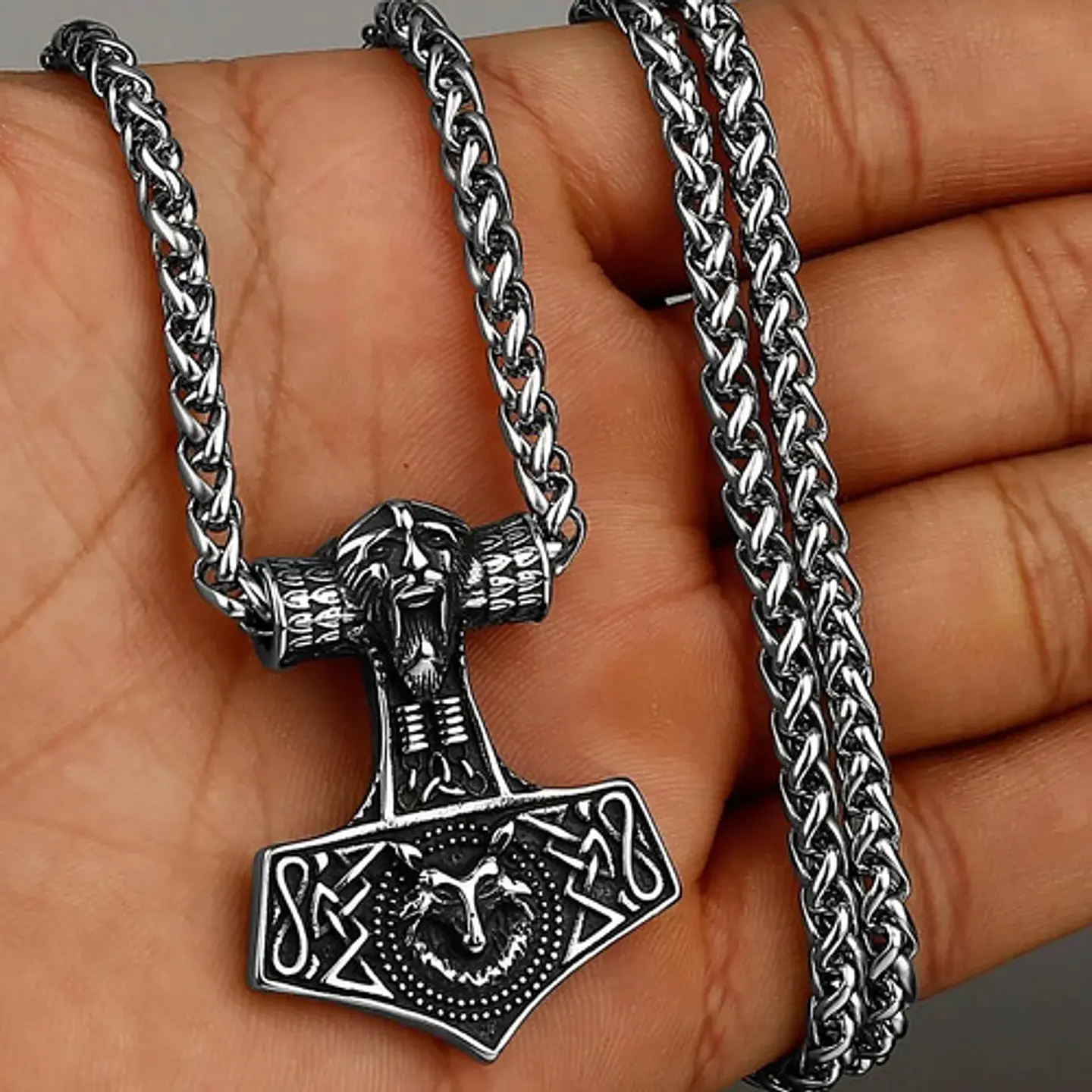 Collar Dije Thor Lobo Vikingo Acero Color Plata Para Hombre 6