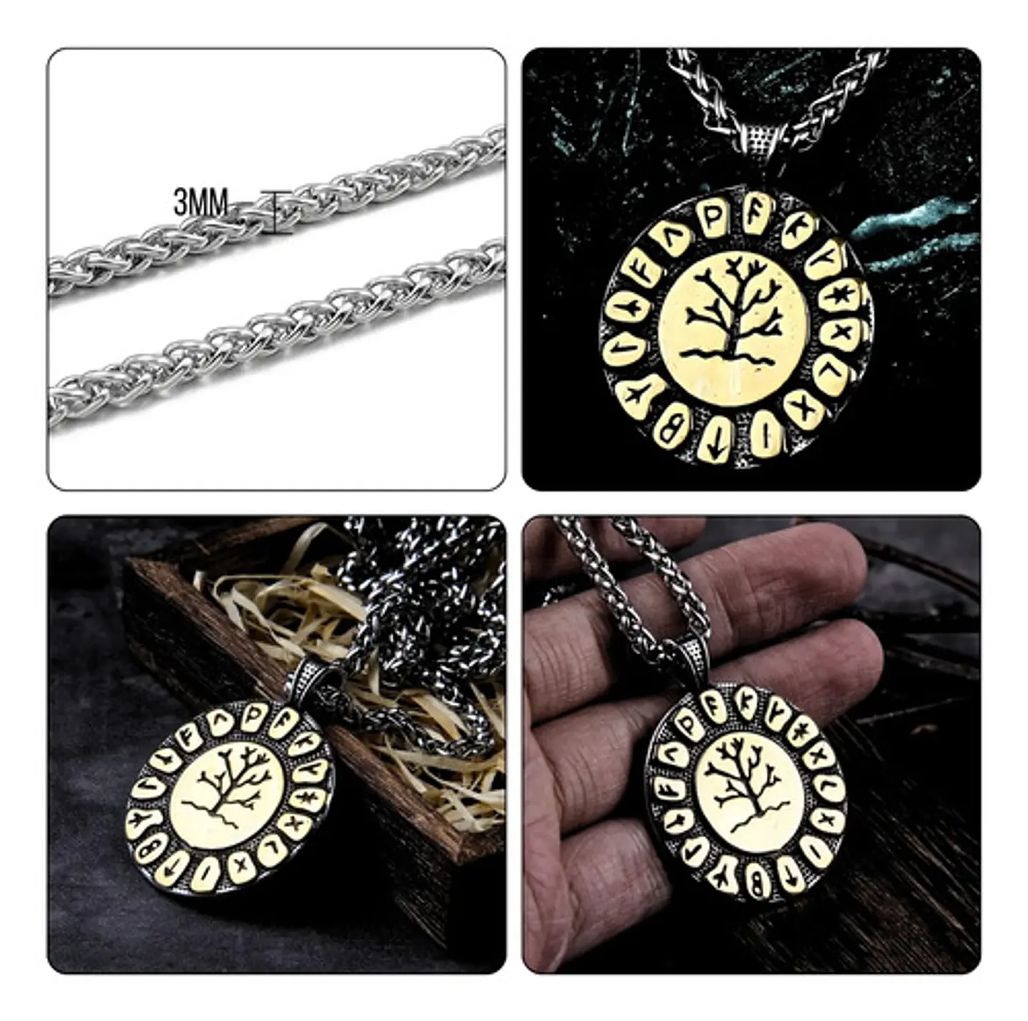 Collar Para Hombre Con Dije Medalla Vikingo Árbol Yggdrasil Dorado 2