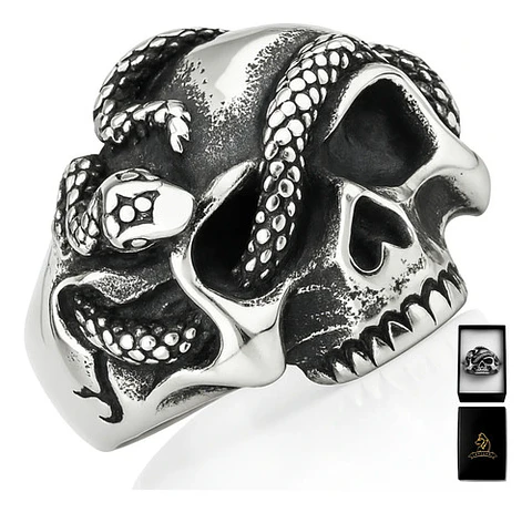 Anillo Serpiente Cráneo Calavera Acero Color Plata Hombre