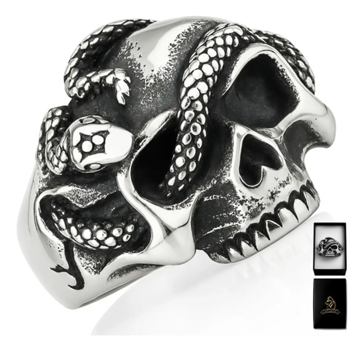 Anillo Serpiente Cráneo Calavera Acero Color Plata Hombre 1