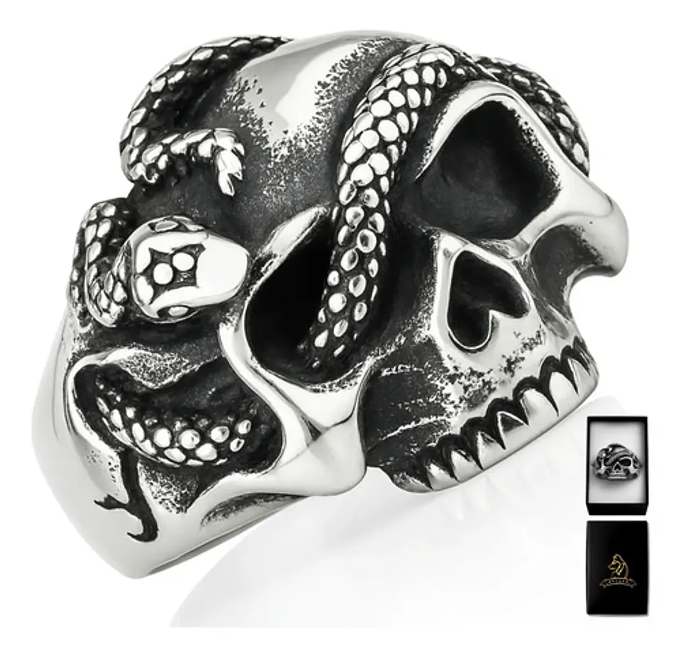 Anillo Serpiente Cráneo Calavera Acero Color Plata Hombre 1