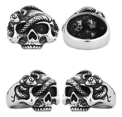 Anillo Serpiente Cráneo Calavera Acero Color Plata Hombre